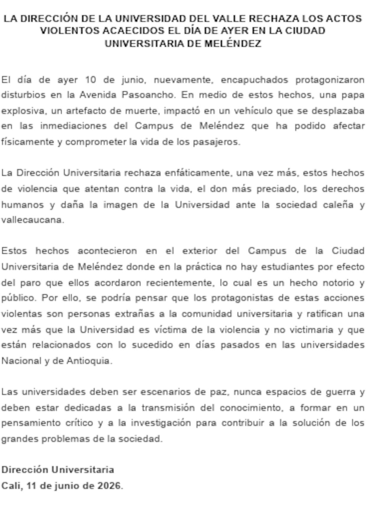Este es el comunicado compartido por las directivas de la Universidad del Valle.
