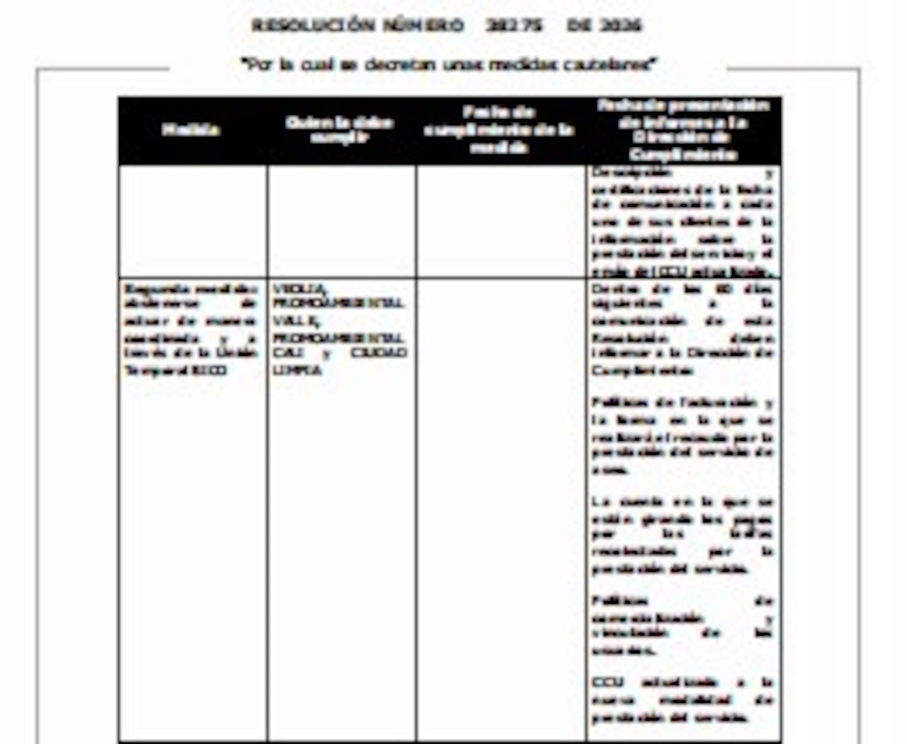 Imagen tomada de la a Resolución 38275 de 2026, de la Superintendia de Industria y Comercio, un documento de 38 páginas en el que la autoridad de competencia advierte posibles conductas que podrían afectar la libre competencia económica en el mercado del aseo en la capital del Valle del Cauca.