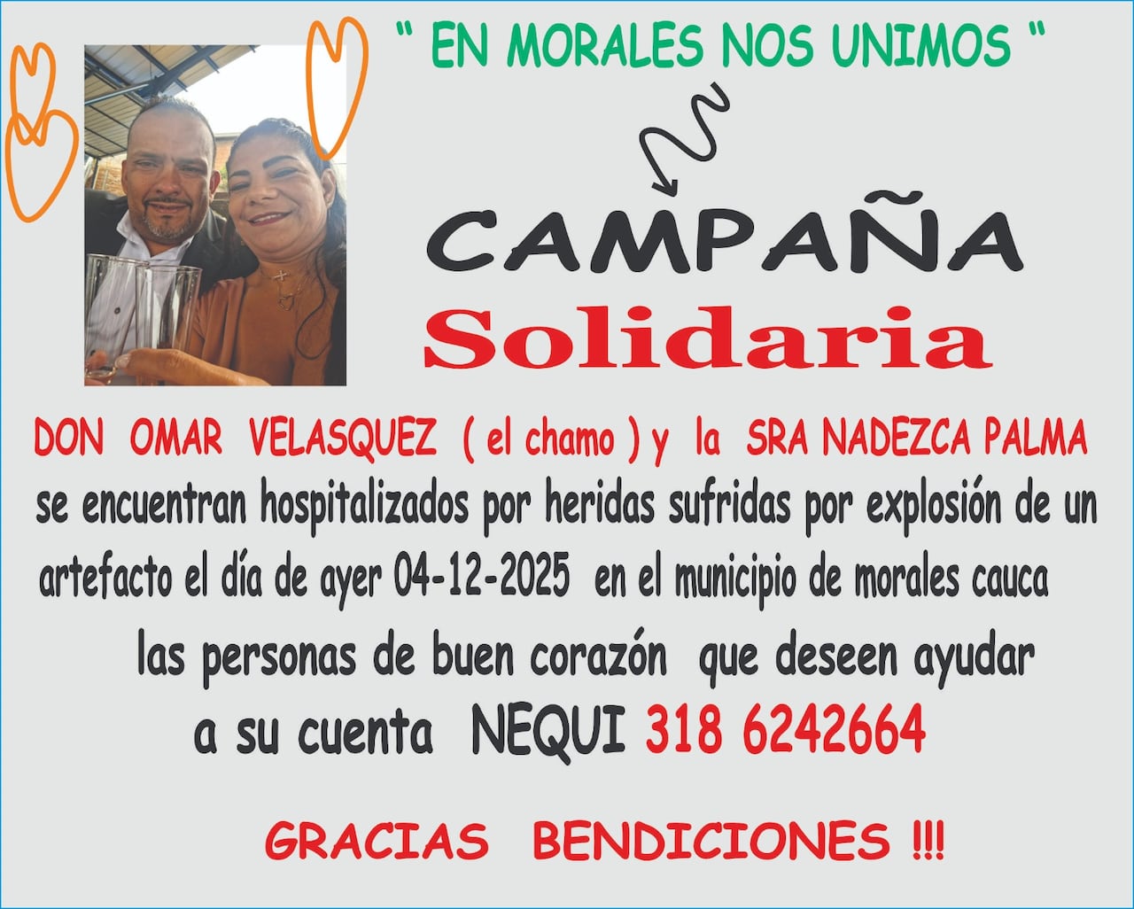 Ómar Vásquez León y Nadeska Palma son los ciudadanos extranjeros que resultaron heridos luego que disidencias de las Farc atacaran a la Policía en Morales, Cauca.
