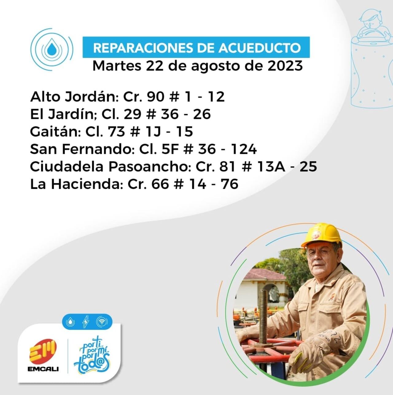 Reparaciones en el servicio de acueducto para este martes 22 de agosto.