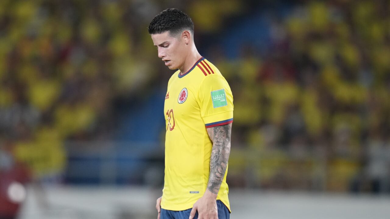 Colombia's James Rodriguez reacts during a qualifying soccer match for the FIFA World Cup Qatar 2022 against Paraguay, at Metropolitano stadium in Barranquilla, Colombia, Tuesday, Nov. 16, 2021. (AP/Fernando Vergara)