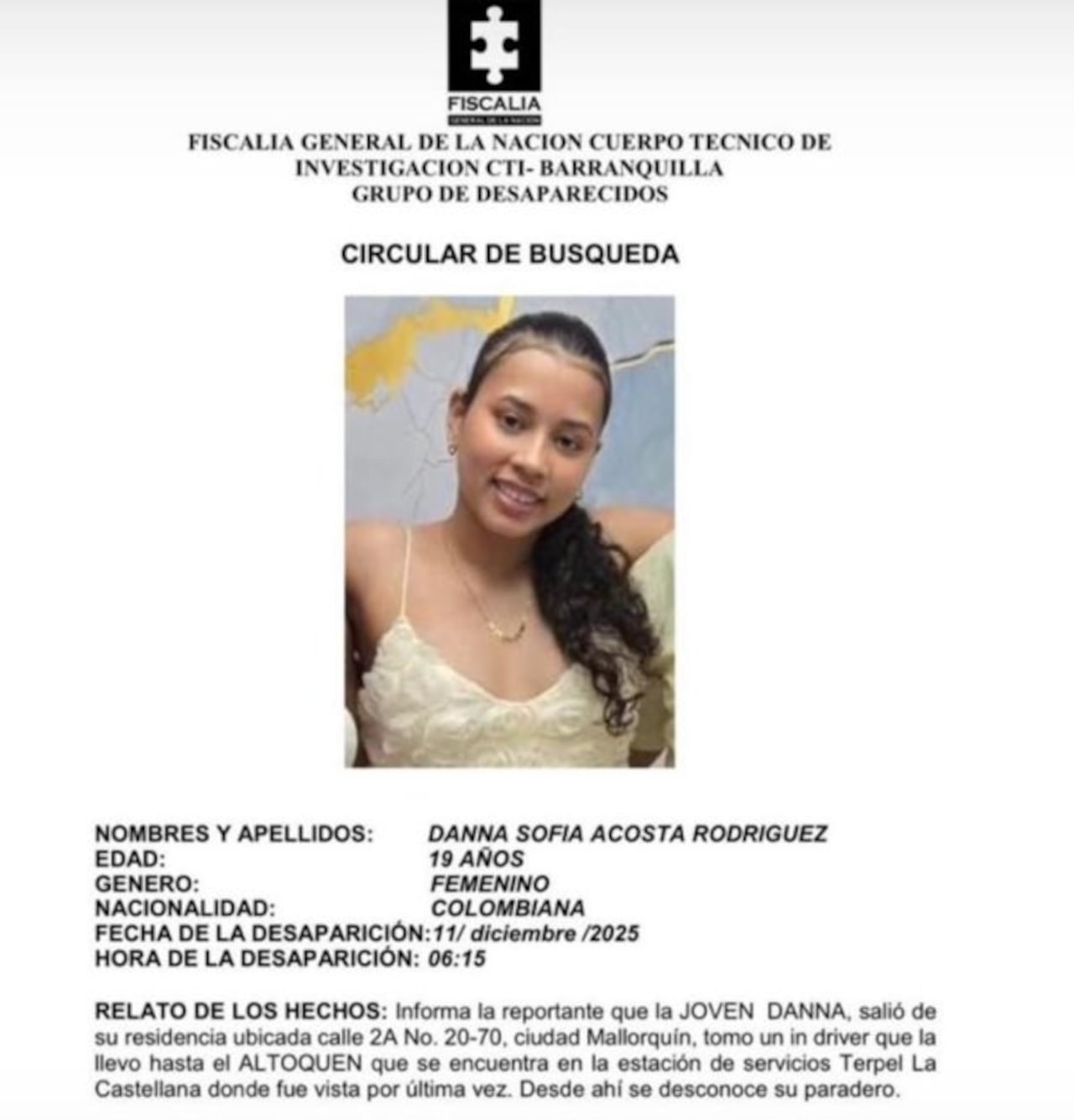 Circular de búsqueda de la Fiscalía sobre la universitaria Danna Sofía Acosta Rodríguez.