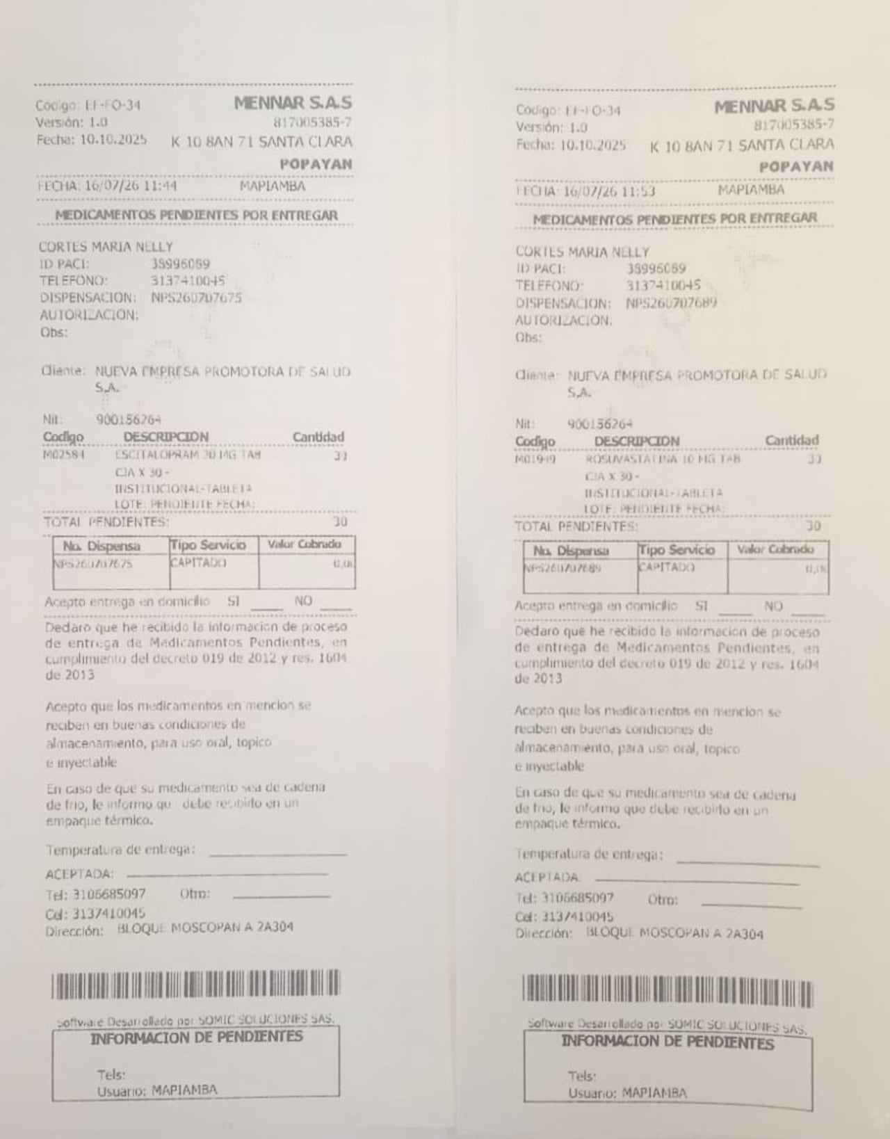 La abuela María Nelly Cortés cada vez que va reclamar los medicamentos no se los entregan completo, recibiendo el documento donde dice medicamentos pendientes por entregar. Esta misma situación sucede con cientos de usuarios.