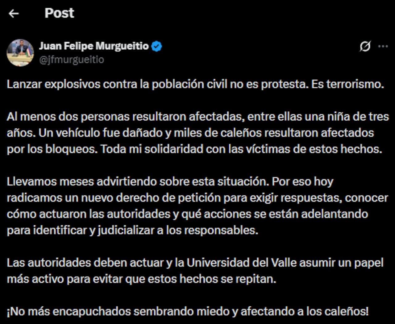 Juan Felipe Murgueitio presentó un derecho de petición.