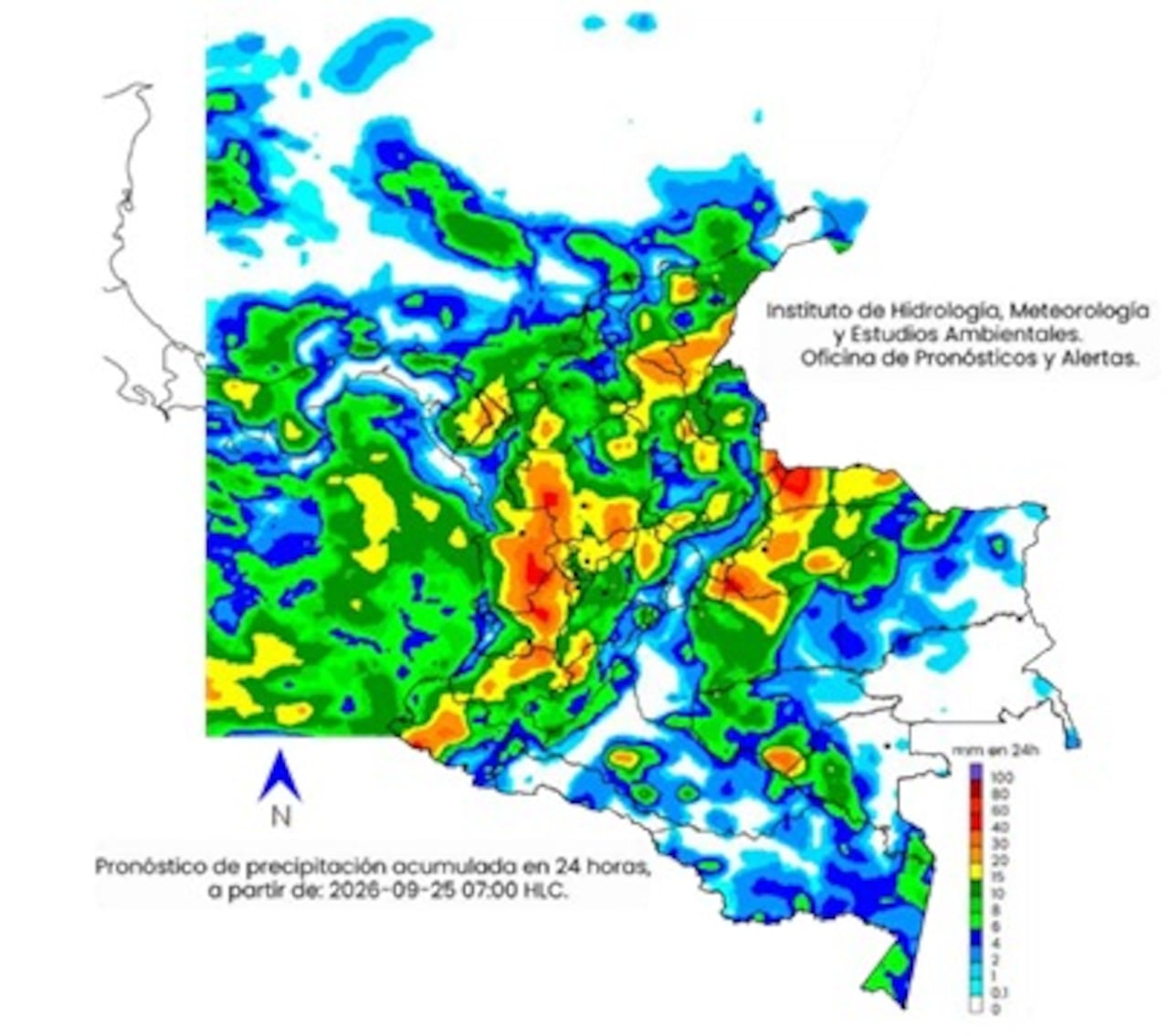 Figura: Pronóstico de precipitación acumulada en 24 horas para el 25-09-2026. Nota: La escala de colores indica la cantidad de precipitación acumulada (en milímetros).