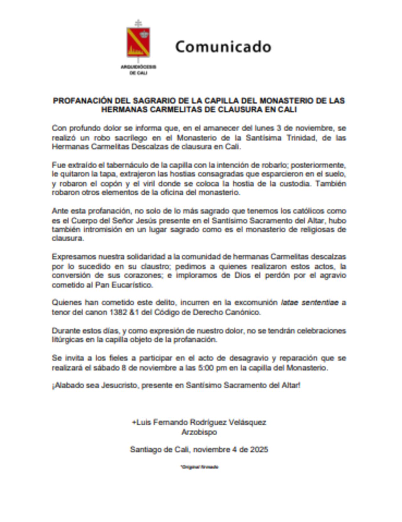 La Arquidiócesis de Cali se pronunció sobre estos hechos.