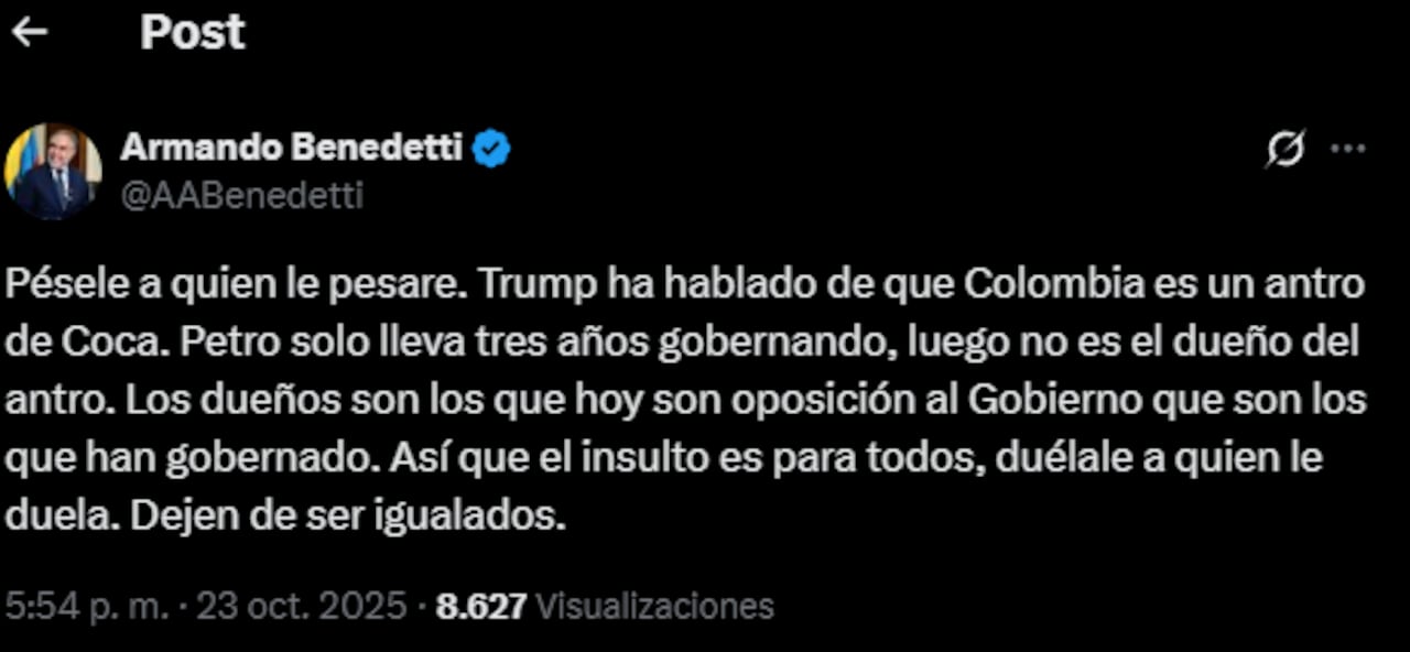 En horas de la tarde, del día de hoy 23 de octubre. Benedetti publicó un nuevo mensaje en su cuenta de X.