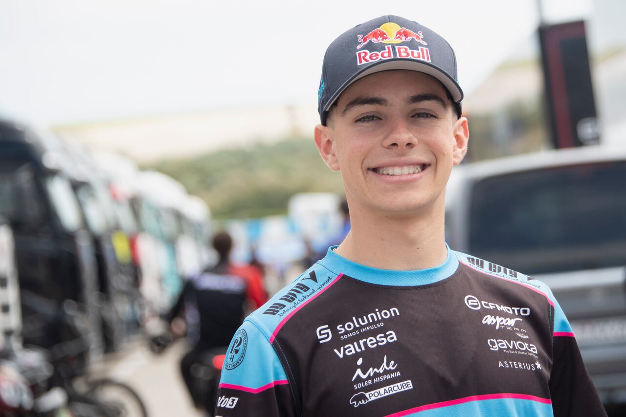 JEREZ DE LA FRONTERA, SPAIN - APRIL 25: David Alonso of Colombia and CFMOTO Aspar Team smiles in paddock during the MotoGP Of Spain - Previews on April 25, 2024 in Jerez de la Frontera, Spain. (Photo by Mirco Lazzari gp/Getty Images)