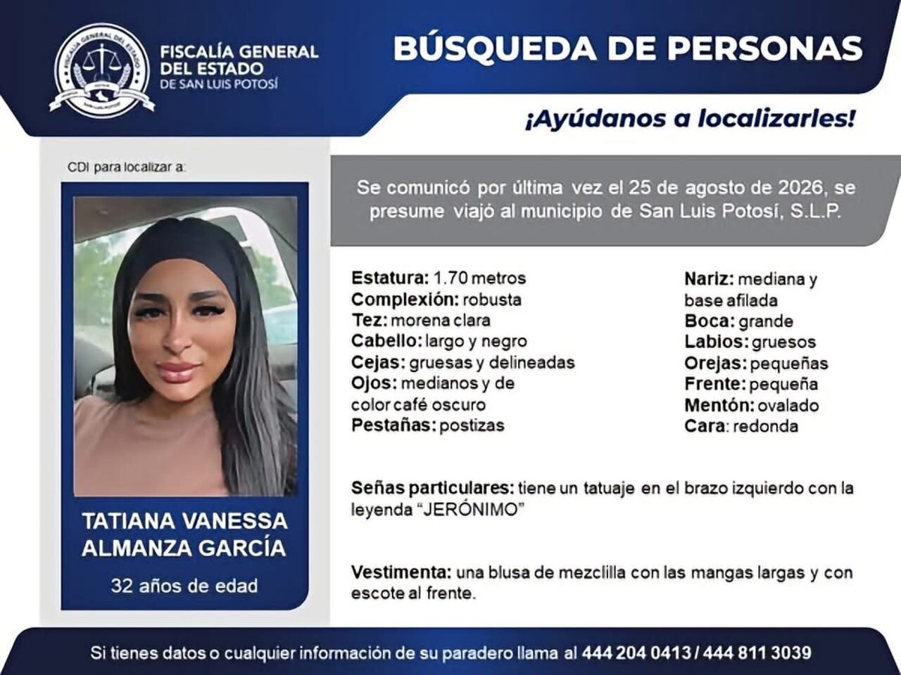 Ficha de desaparición de Tatiana Vanessa Almanza García.