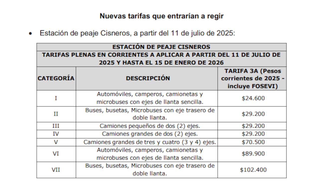 Nuevo costo en el peaje Cisneros, a partir del 11 de julio de 2025