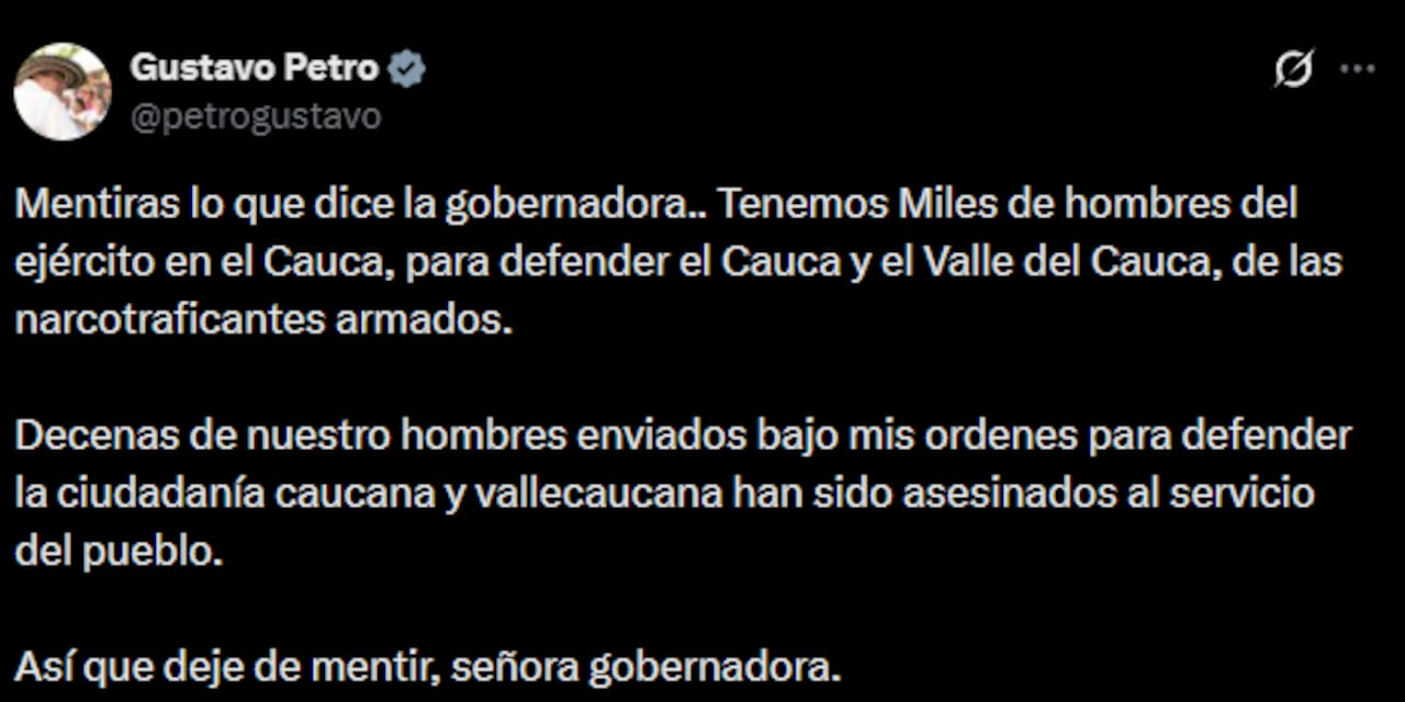 A través de su cuenta en la red social X, Petro calificó de “mentiras” las afirmaciones de la mandataria departamental.