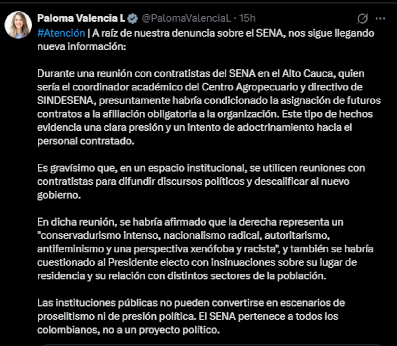 Paloma Valencia, perteneciente al partido Centro Democrático, lanza graves acusaciones en contra de las directivas actuales del Servicio Nacional de Aprendizaje.