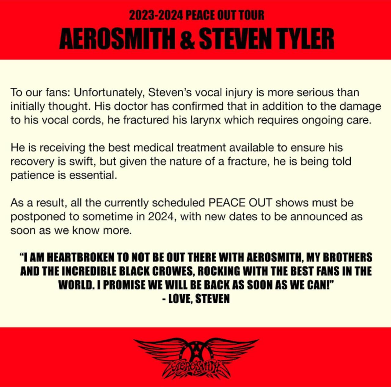 Aerosmith cancela su gira de despedida
por una fractura en las cuerdas vocales de Steven Tyler.