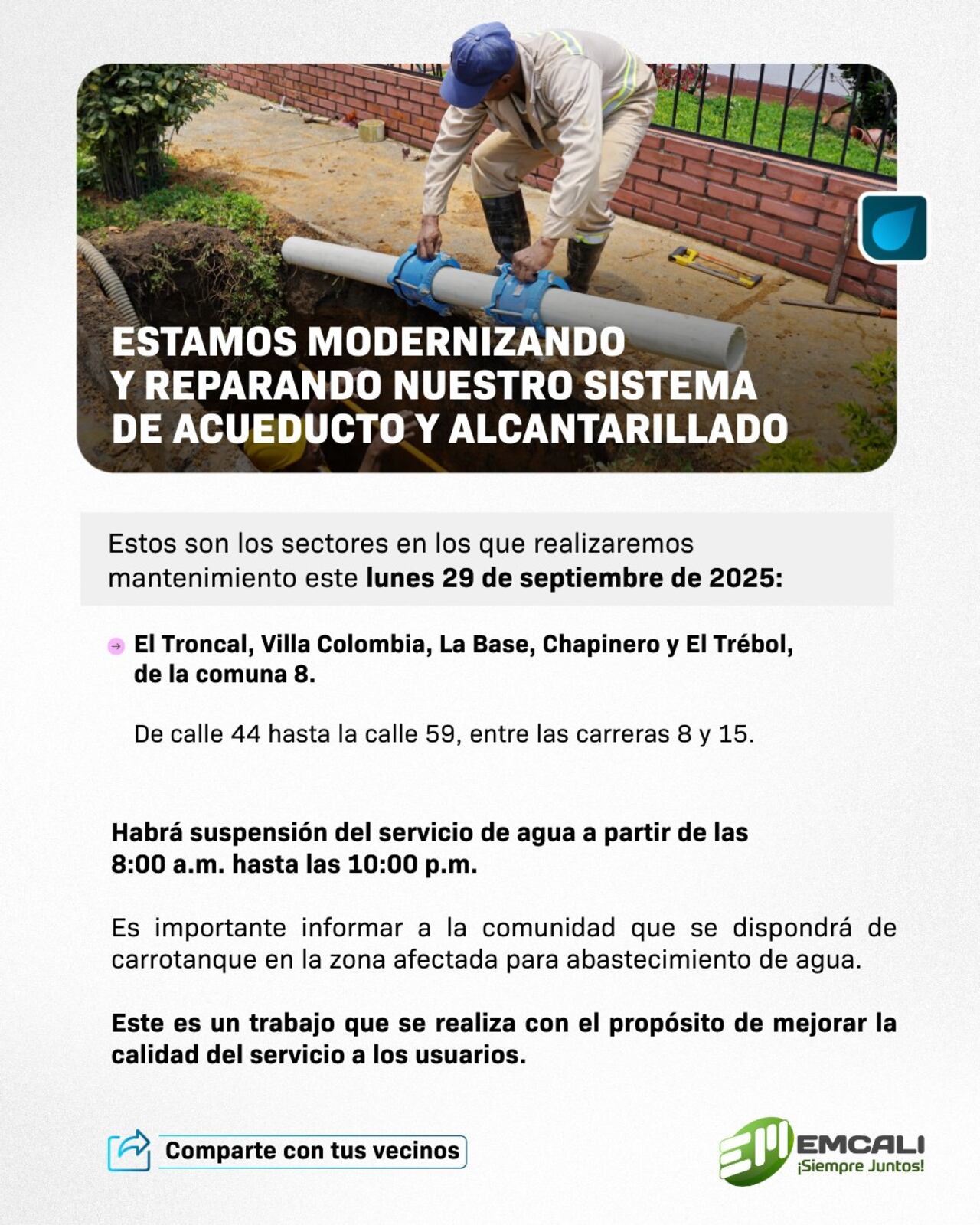 El suministro de agua será suspendido este 29 de septiembre.