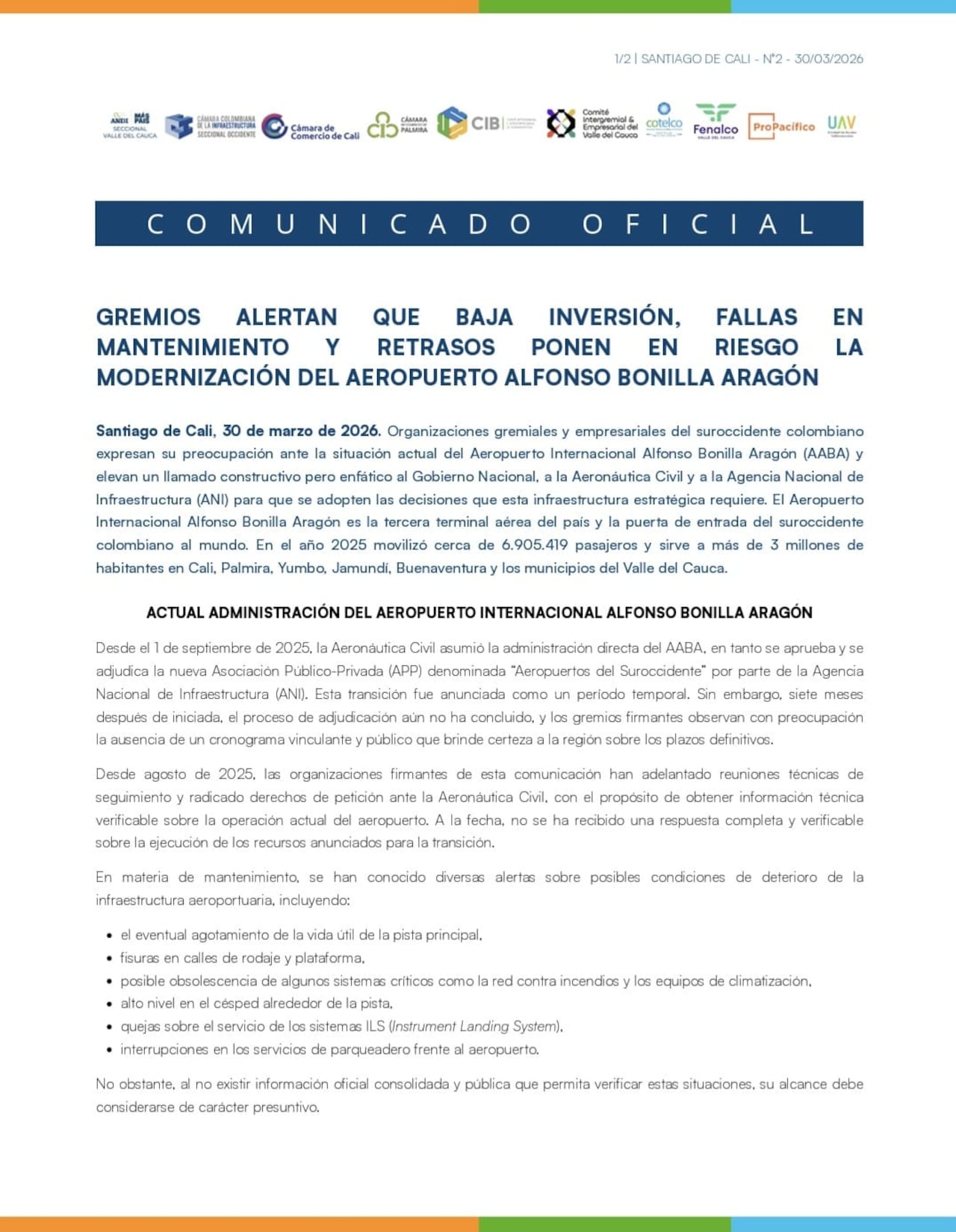 Comunicado de los Gremios empresariales al respecto del estado aeropuerto Alfonso Bonilla Aragón.