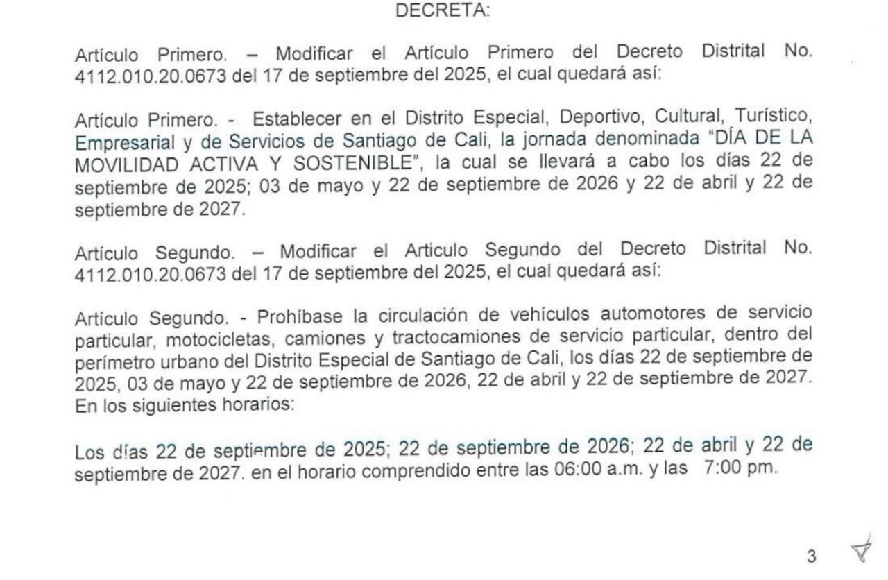 Estos son los días sin carro y moto que la Alcaldía programó en Cali.
