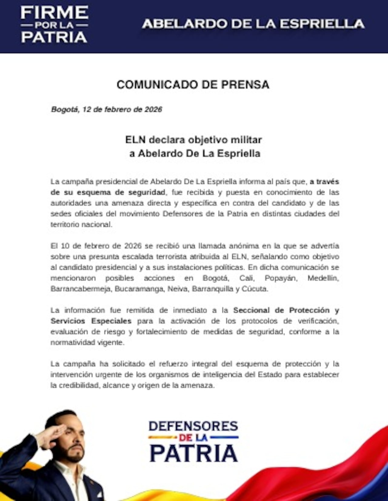 Campaña de Abelardo De La Espriella denuncia amenaza atribuida al ELN