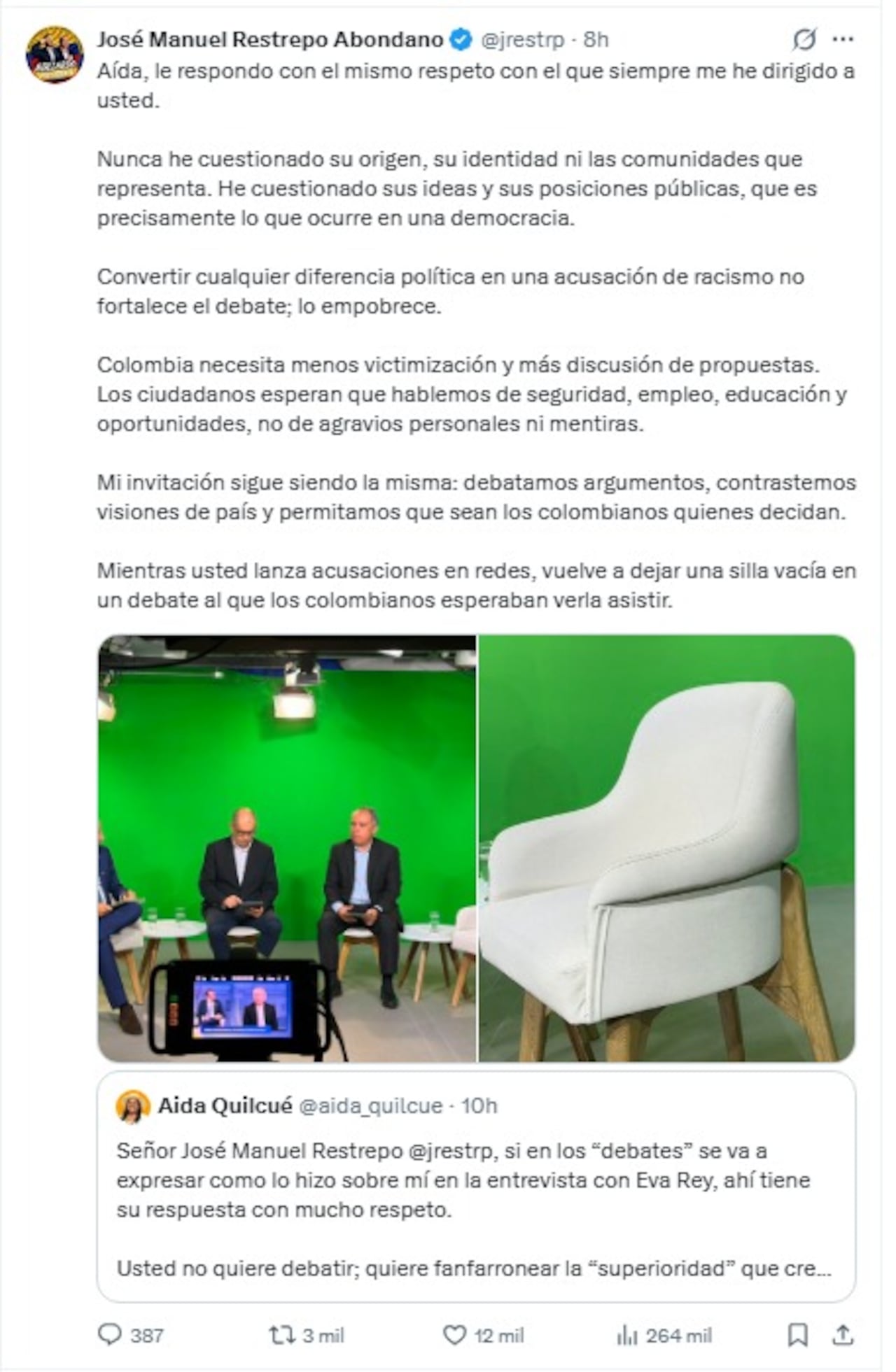 José Manuel Restrepo y Aida Quilcué protagonizan choque en redes sociales por falta de debate presidencial.