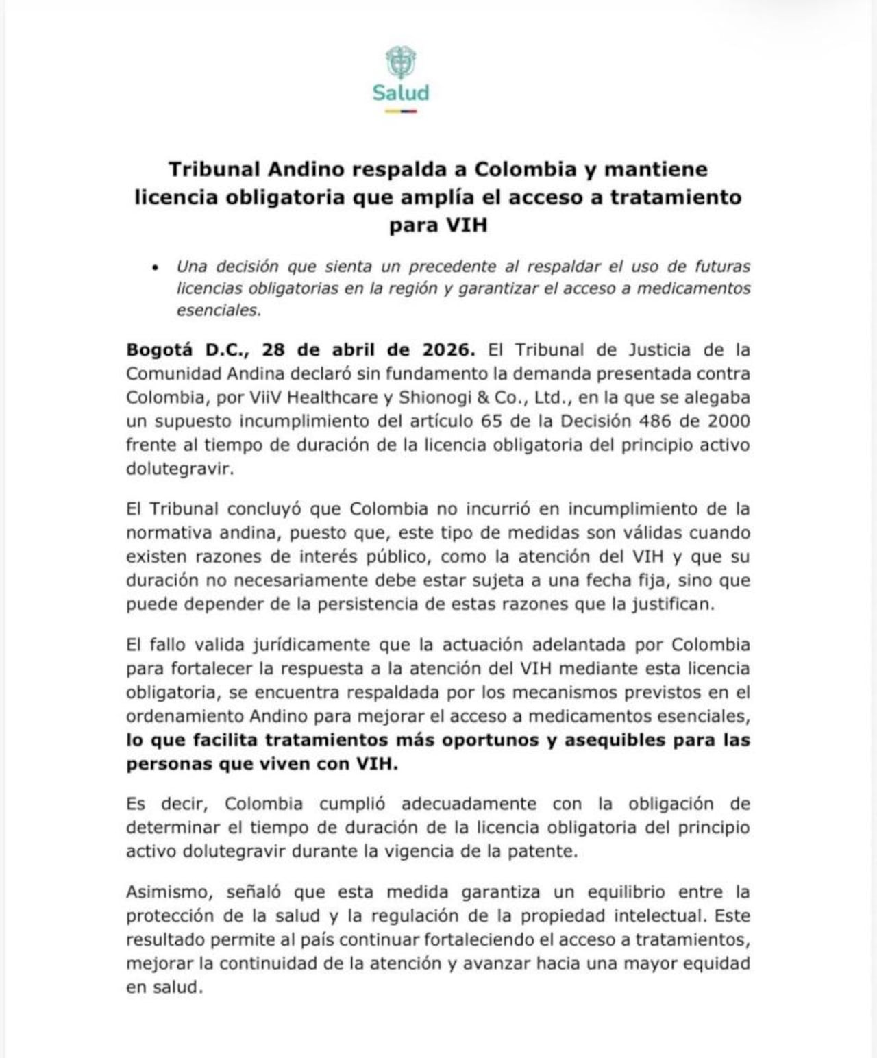 Comunicado del Tribunal Andino con fallo a favor de Colombia y mantiene licencia obligatoria que amplía el acceso a tratamiento para VIH