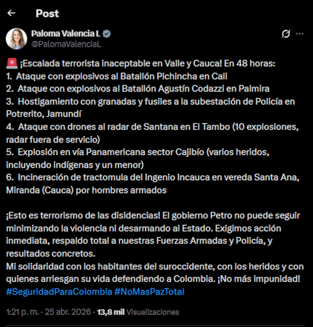 A estas voces se sumó la senadora y precandidata presidencial Paloma Valencia.