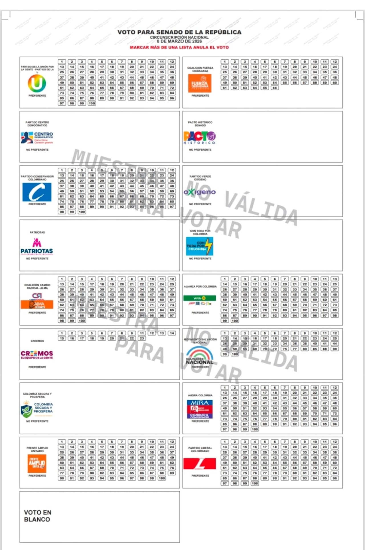 Tarjetón para votar por el Senado en las elecciones del 8 de marzo de 2026