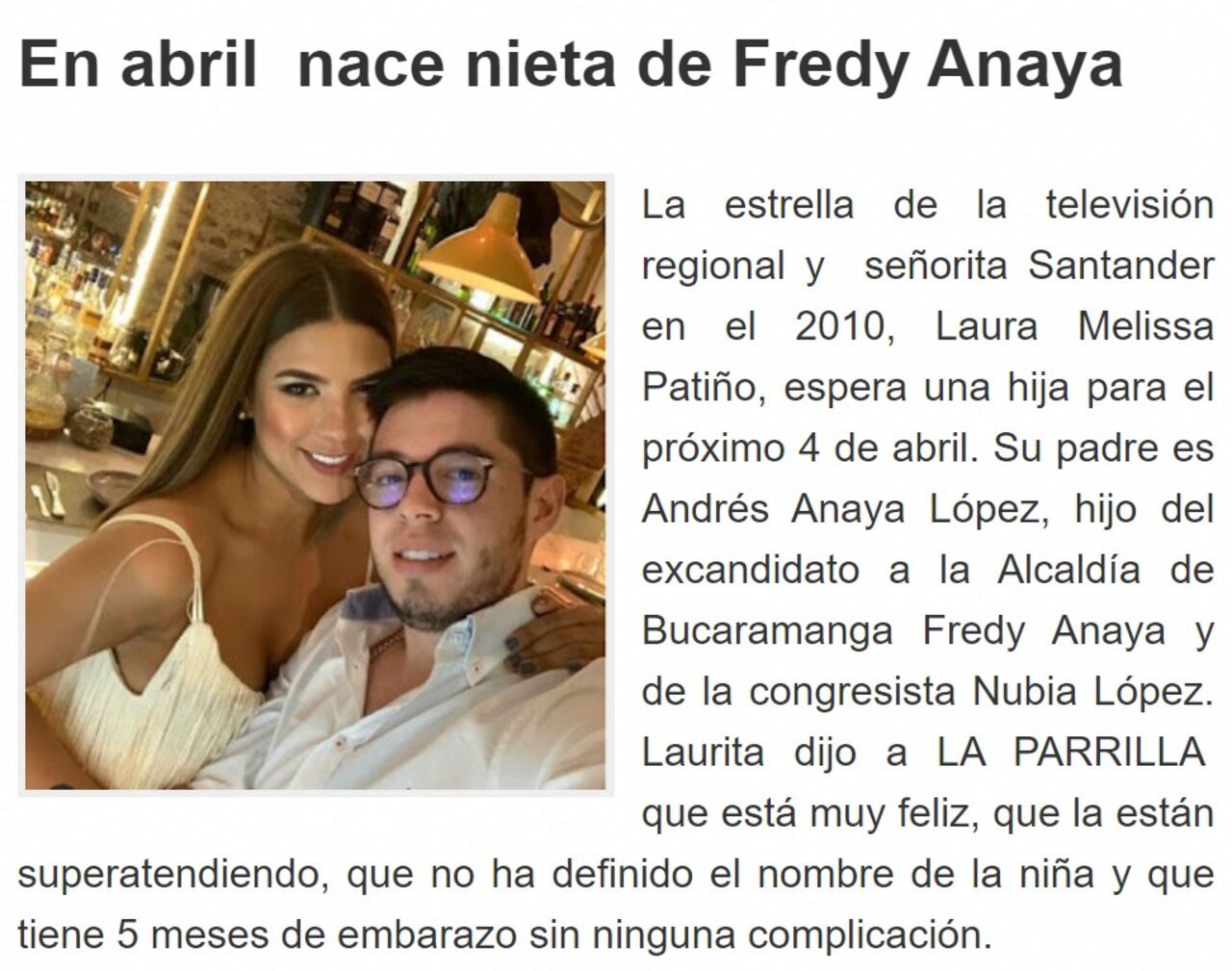 Una nota de prensa que registra el nacimiento de la hija de Laura Melissa Patiño