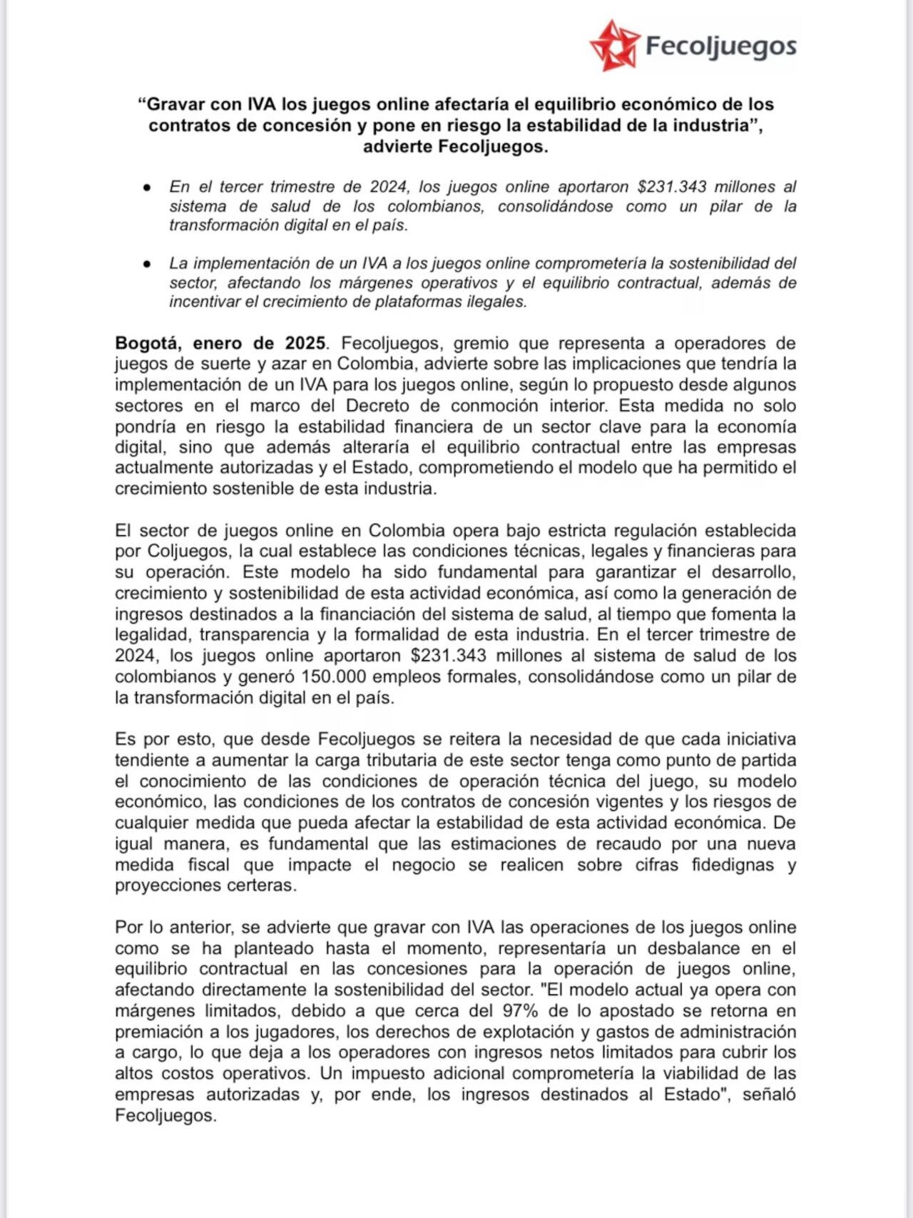 Este es el comunicado emitido por Fecoljuegos.