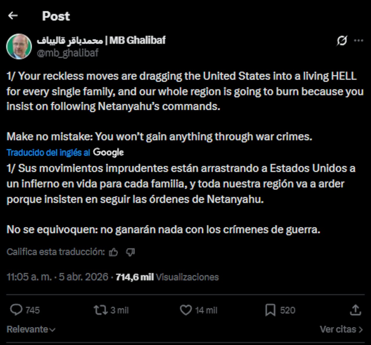 Publicación de Mohamad Baqer Qalibaf, presidente del Parlamento iraní.