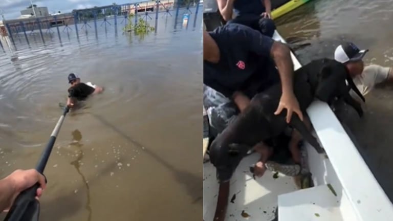 Perro de color negro siendo rescatado en medio de las inundaciones de Córdoba.