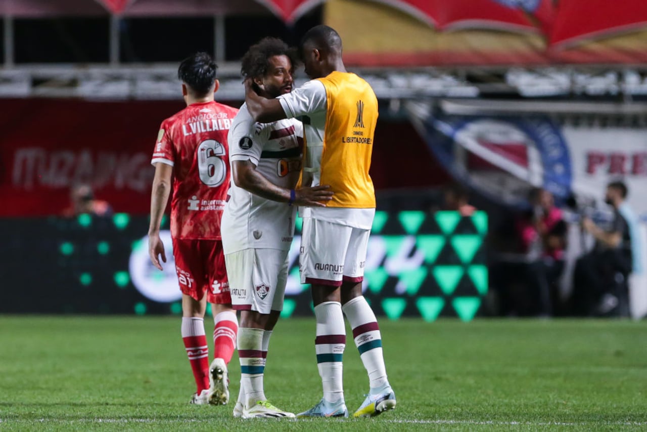 BUENOS AIRES, ARGENTINA - AUGUST 01: Marcelo of Fluminense cries after the injury of Luciano Sanchez of Argentinos Juniors (not in frame) during the Copa CONMEBOL Libertadores round of 16 match between Argentinos Juniors and Fluminense at Diego Maradona Stadium on August 01, 2023 in Buenos Aires, Argentina. (Photo by Daniel Jayo/Getty Images)