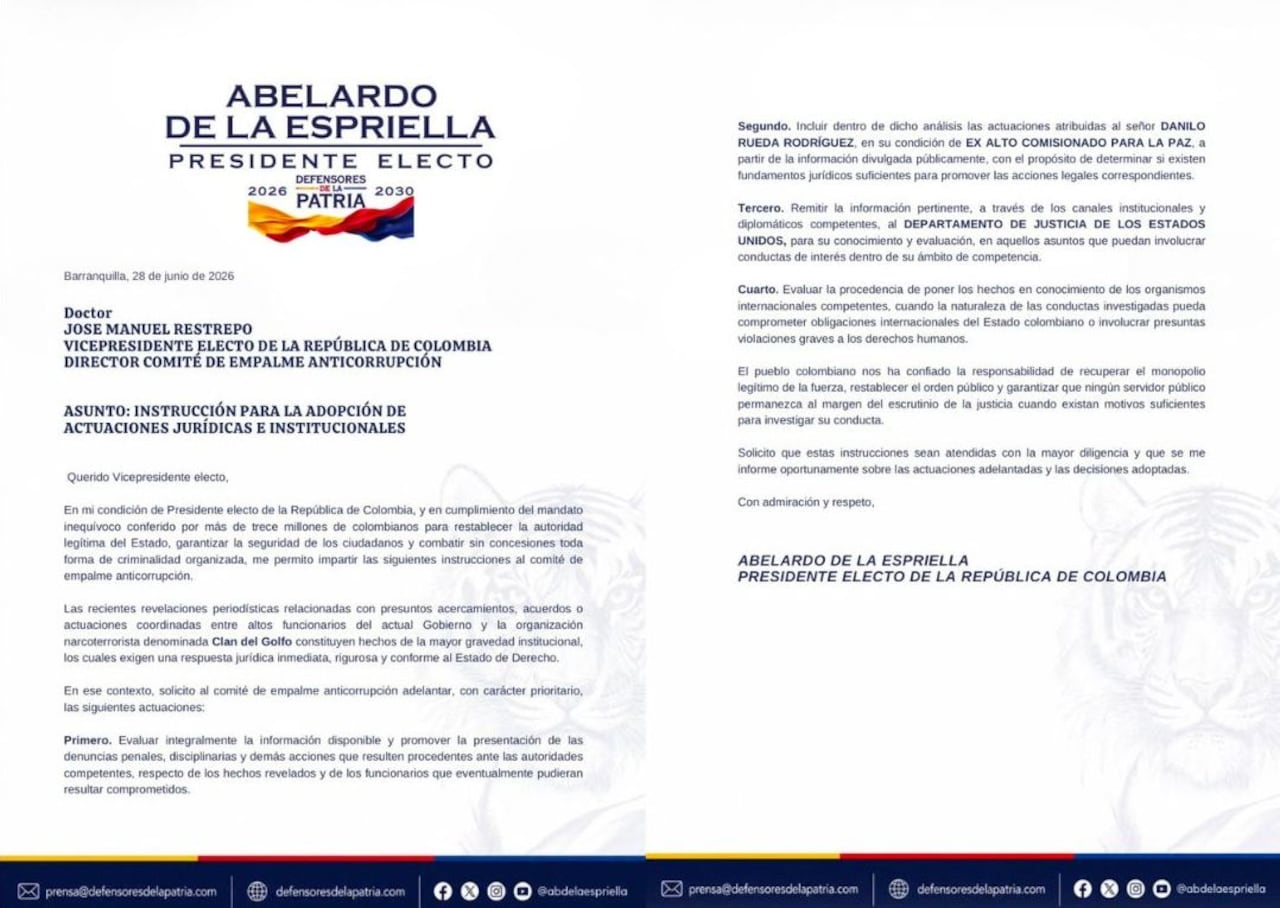 “Las recientes revelaciones periodísticas relacionadas con presuntos acercamientos, acuerdos o actuaciones coordinadas entre altos funcionarios del actual Gobierno y la organización narcoterrorista denominada Clan del Golfo constituyen hechos de la mayor gravedad institucional,los cuales exigen una respuesta jurídica inmediata, rigurosa y conforme al Estado de Derecho”, indicó el presidente elector en un comunicado de prensa.