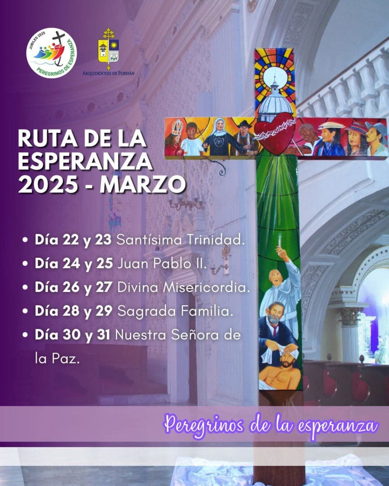 En el mes de marzo la Cruz de la Esperanza estará en 11 parroquias en #Popayán, #Coconuco y #Puracé . Es tiempo de caminar juntos y vivir este jubileo ordinario 2025 en la reconciliación, la conversión y la renovación espiritual, ofreciendo a los fieles la oportunidad de iniciar una vida nueva