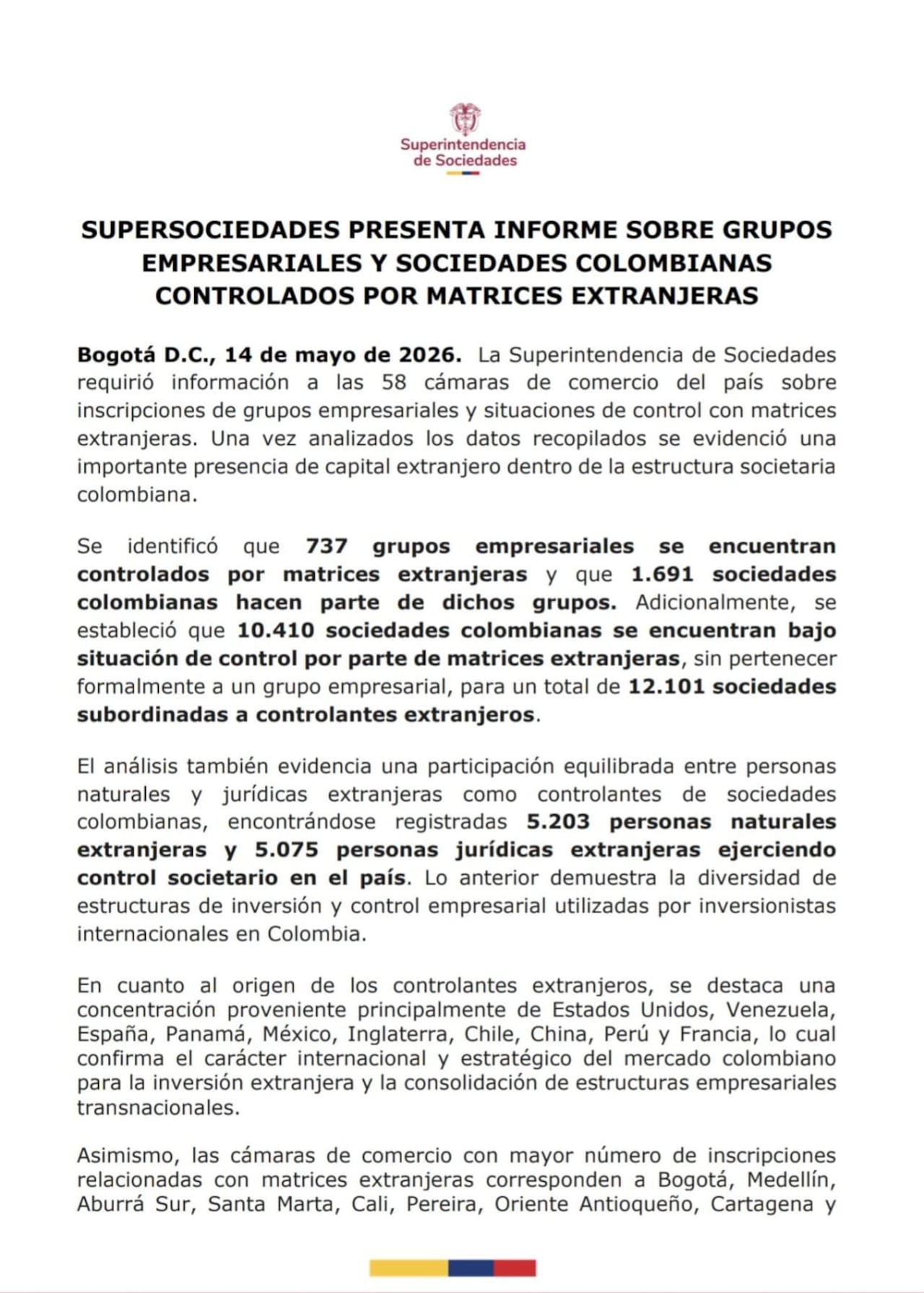 Este es uno de los apartados del comunicado emitido por la Superintendencia de Sociedades de Colombia.