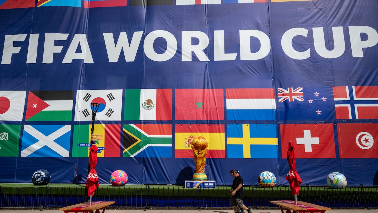 Workers are seen at the FIFA Fan Festival in downtown Houston, Texas, on June 10, 2026, ahead of the 2026 FIFA World Cup. (Photo by RONALDO SCHEMIDT / AFP)