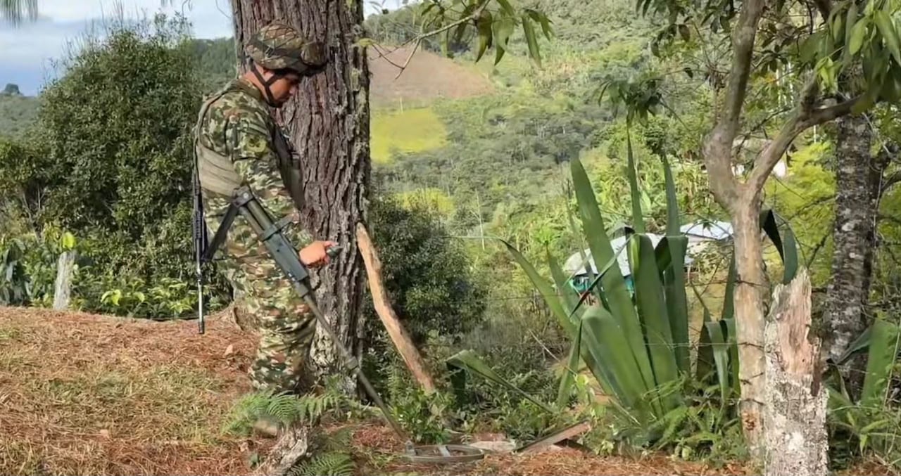 Integrantes del Batallón de Infantería Liviana No. 7 aseguraron el perímetro de la escuela de la vereda La Palma, en Cajibío, Cauca, tras el hallazgo de dos artefactos explosivos improvisados.