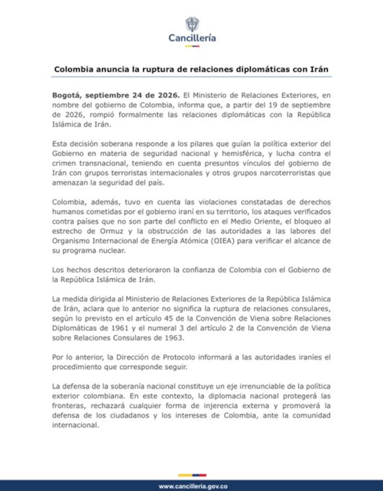 Colombia anuncia ruptura de relaciones diplomáticas con Irán