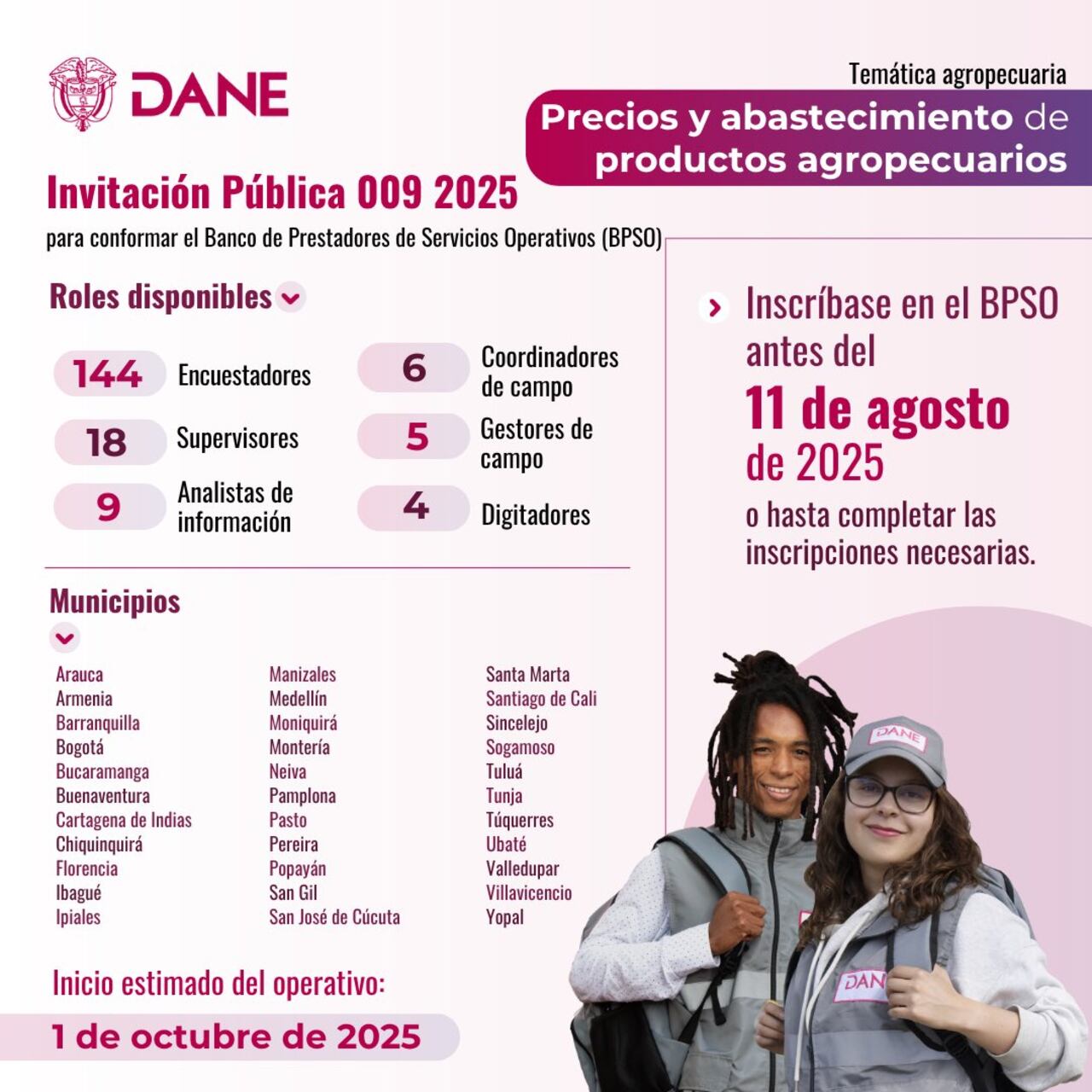 Los cargos solicitados incluyen analista de información, coordinador de campo, digitador y encuestadores en distintas modalidades.