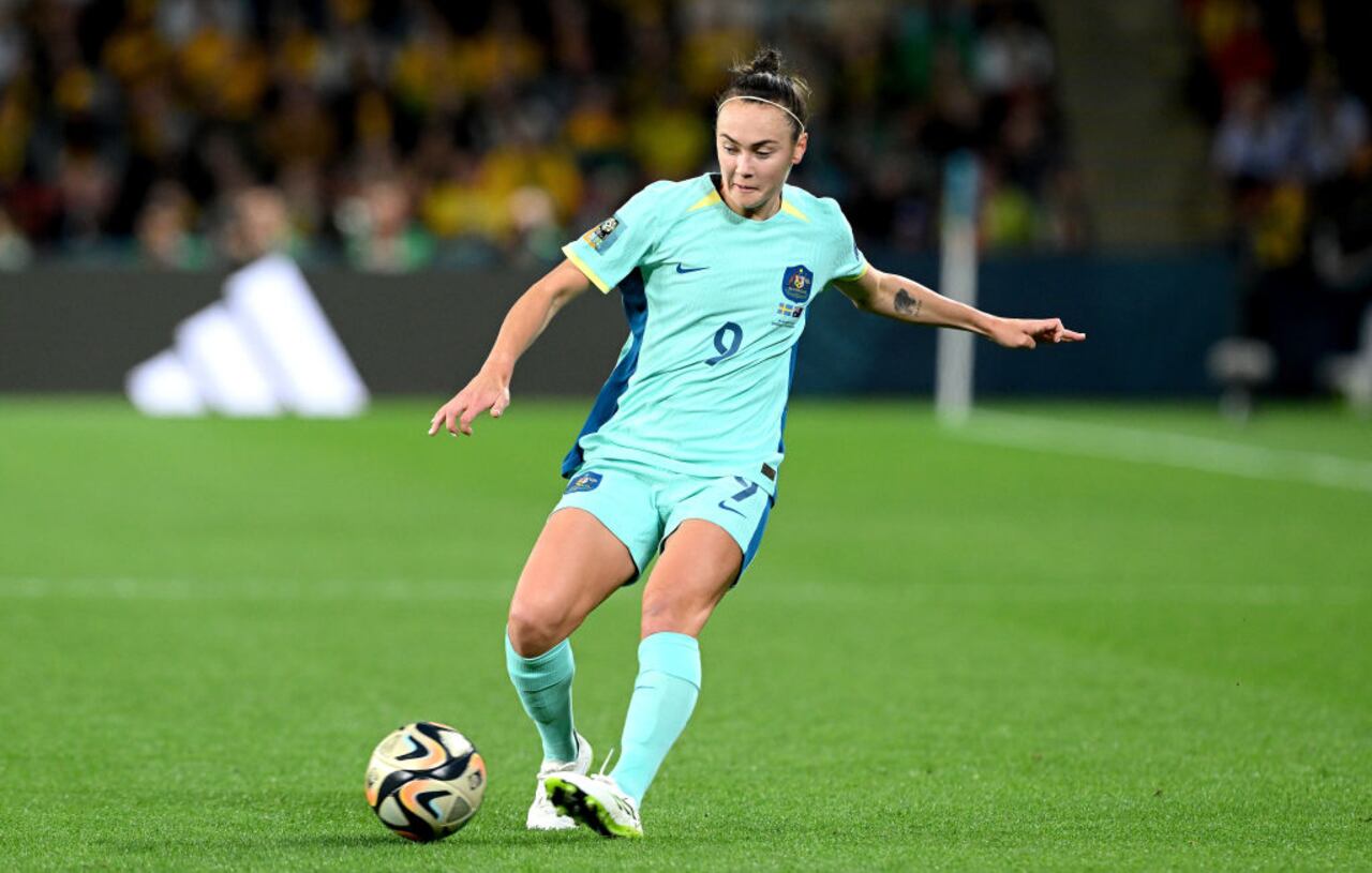 BRISBANE, AUSTRALIA - AUGUST 19: Caitlin Foord of Australia in action during the FIFA Women's World Cup Australia & New Zealand 2023 Third Place Match match between Sweden and Australia at Brisbane Stadium on August 19, 2023 in Brisbane, Australia. (Photo by Bradley Kanaris/Getty Images)