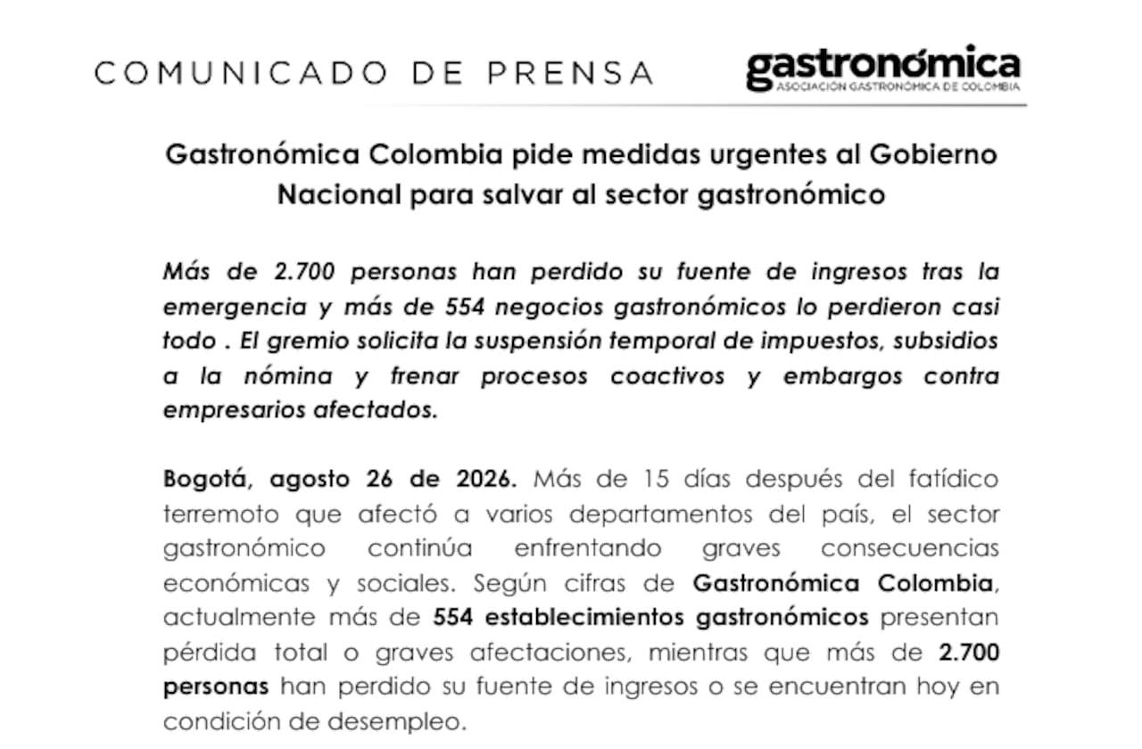 Gastronómica Colombia solicitó medidas económicas inmediatas para frenar la pérdida de empleos y el cierre masivo de restaurantes.
