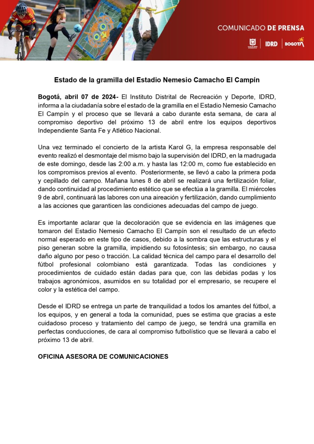 Comunicado oficial del IDRD.