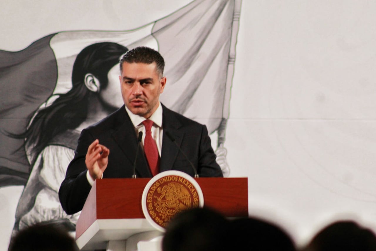 MEXICO CITY, MEXICO - FEBRUARY 25, 2025: Secretary of Security Omar García Harfuch, speaking during a news conference at National palace. on February 25, 2025 in Mexico City, Mexico. (Photo credit should read Esteban Flores/ Pixelnews/Future Publishing via Getty Images)
