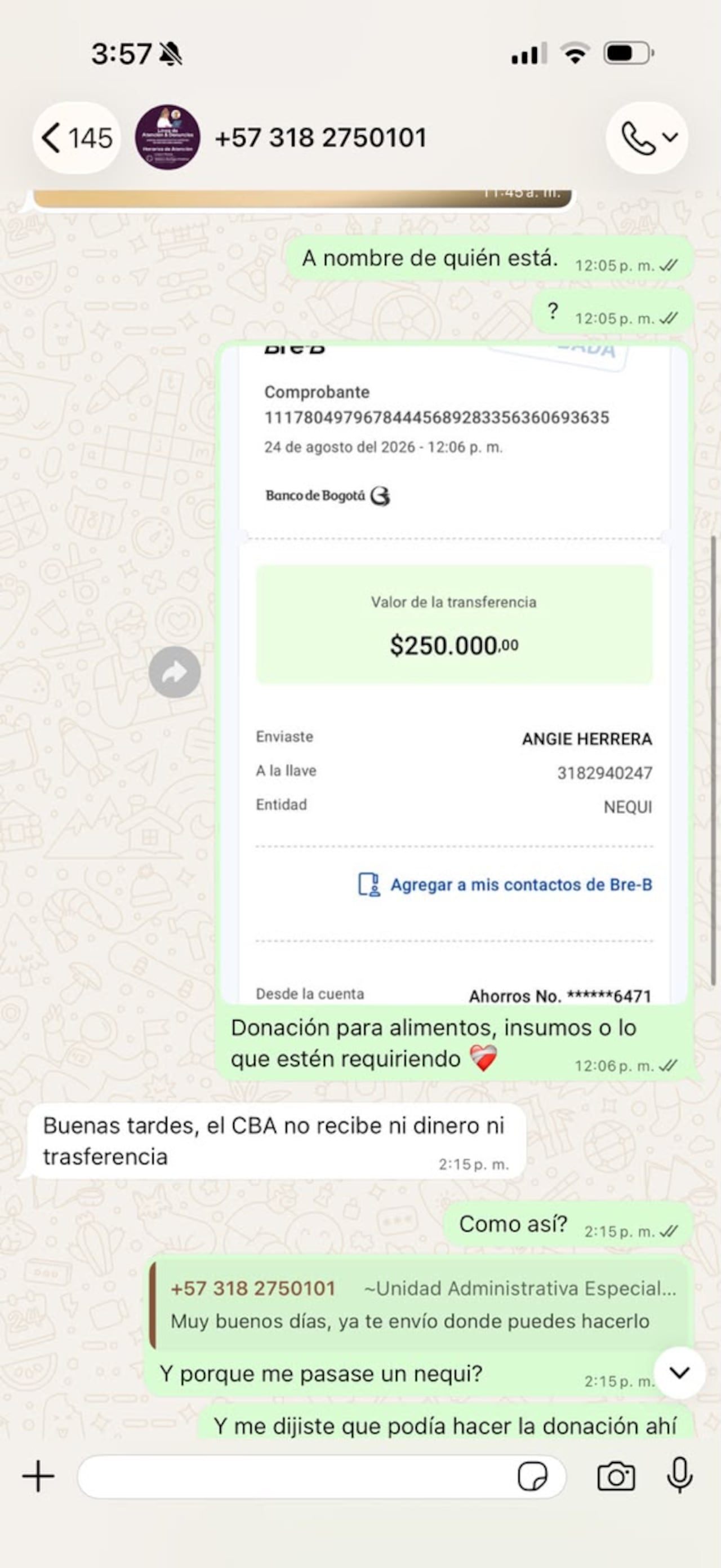 Aquí se puede ver que la persona hizo una donación al numero que le fue informado.