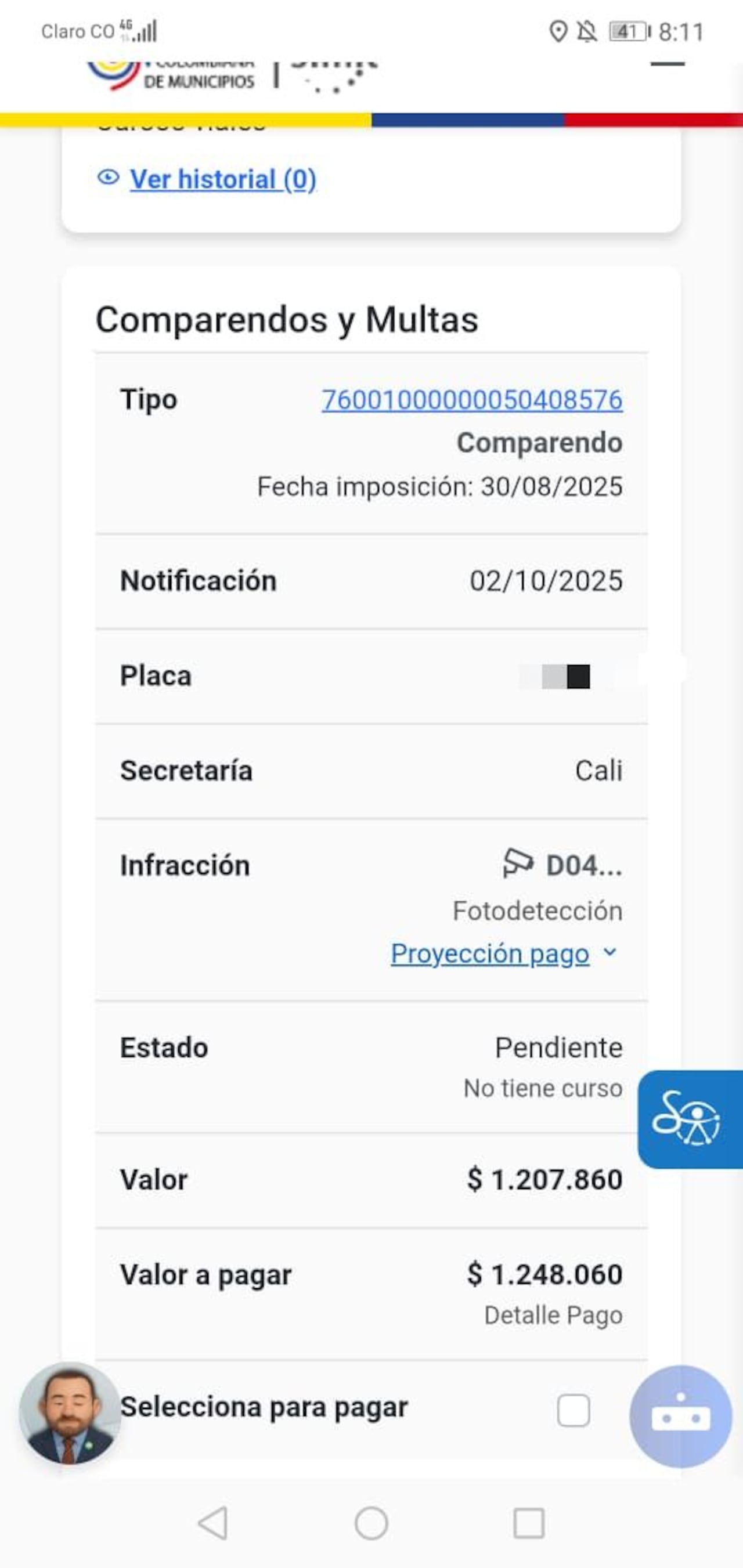 Así registra en el sistema la infracción.
