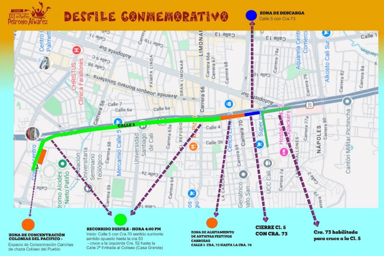 Mapa donde se desarrollará el Desfile de Carnaval Bundeando para la Casa Grande