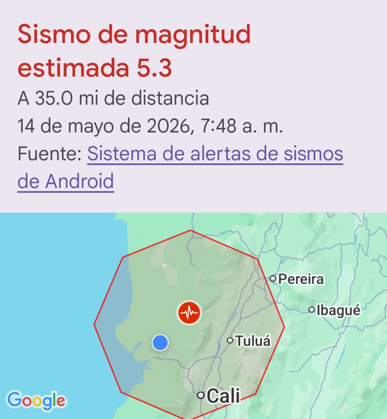 Así llegó la alerta del temblor que sacudió a Colombia este jueves 14 de mayo.