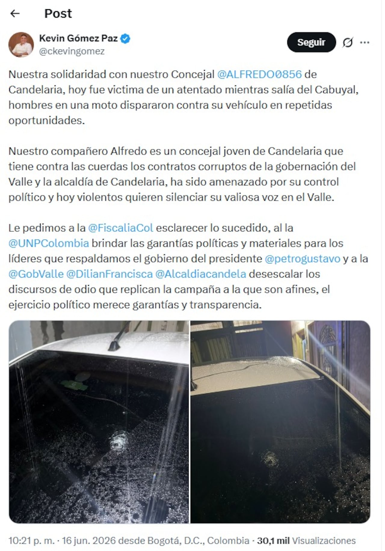 Preocupación por hecho violento que habría tenido como víctima a un concejal en Candelaria