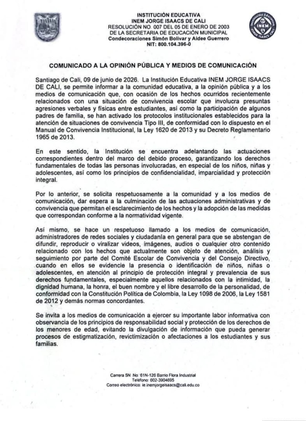 Este fue el comunicado compartido por el colegio INEM.