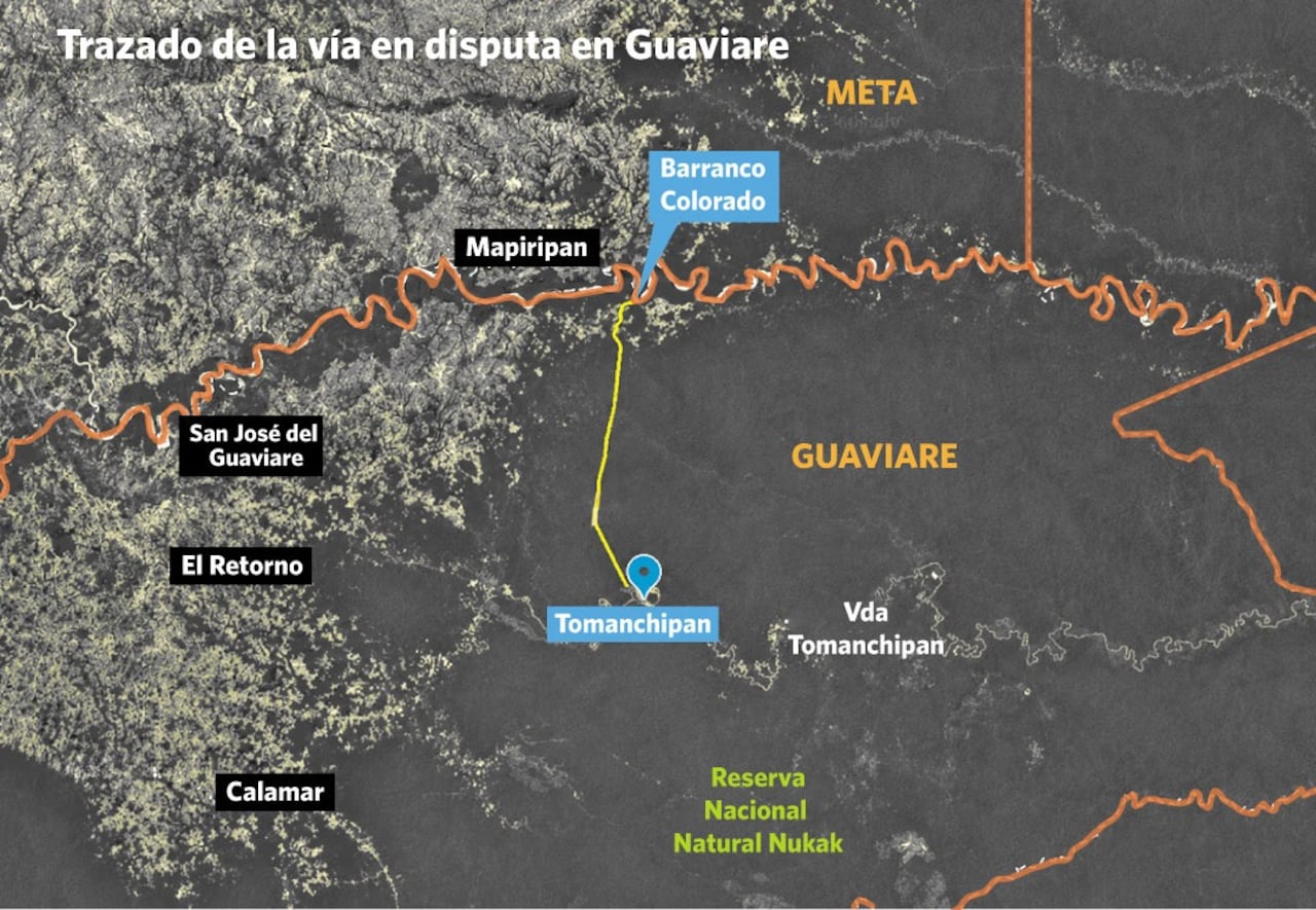 Este es el trazado de la vía ilegal construida por entre la selva del Guaviare y que conecta por tierra los ríos Inírida y Guaviare.
