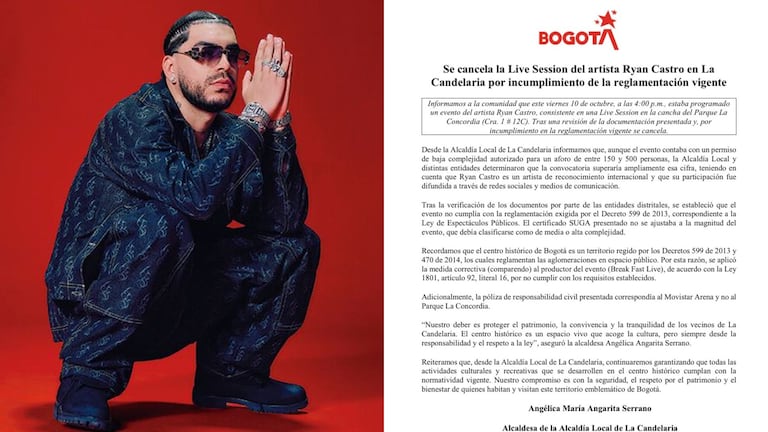 Live Session de Ryan Castro, programada para este 10 de octubre en Bogotá, fue cancelado por incumplimiento de requisitos.