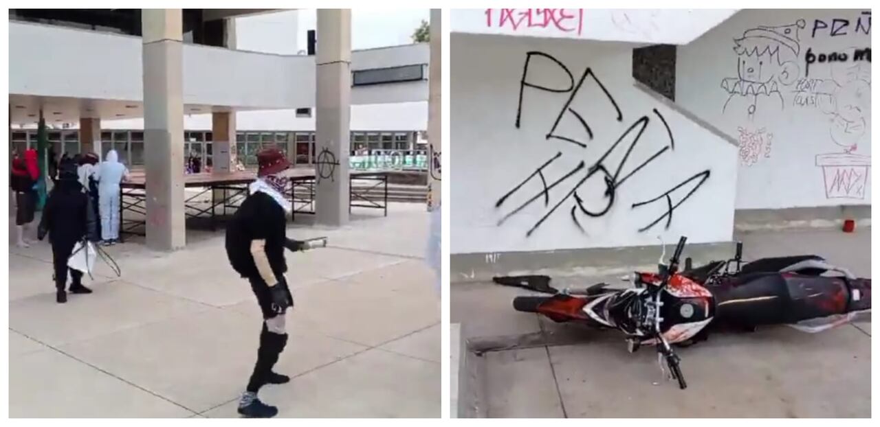 Los 'capuchos' hicieron graffitis en contra del rector Peña y le hicieron varios daños a una moto usada por la seguridad interna de la Universidad Nacional.